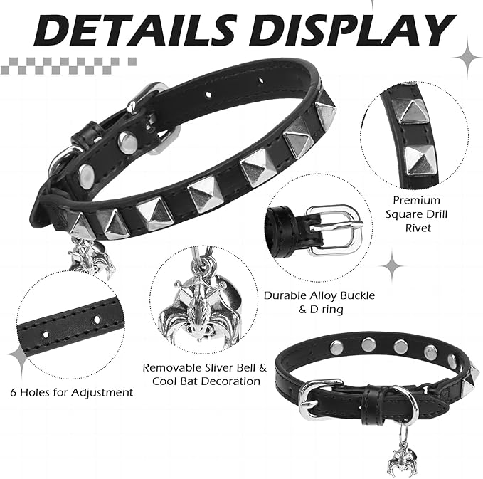 EXPAWLORER Halloween Leather Cat Collar - Adjustable Pet Collar with Rivet Spike for Girl Boy Cats, Punk Accessories with Bell & Durable D-Ring,Silver Square Nails