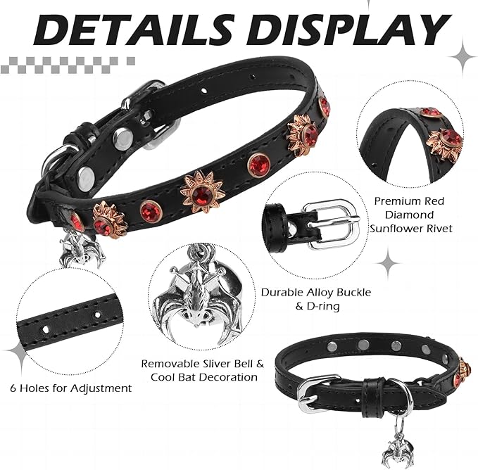 EXPAWLORER Halloween Leather Cat Collar - Adjustable Pet Collar with Rivet Spike for Girl Boy Cats, Punk Accessories with Bell & Durable D-Ring,Red Diamond Sunflower