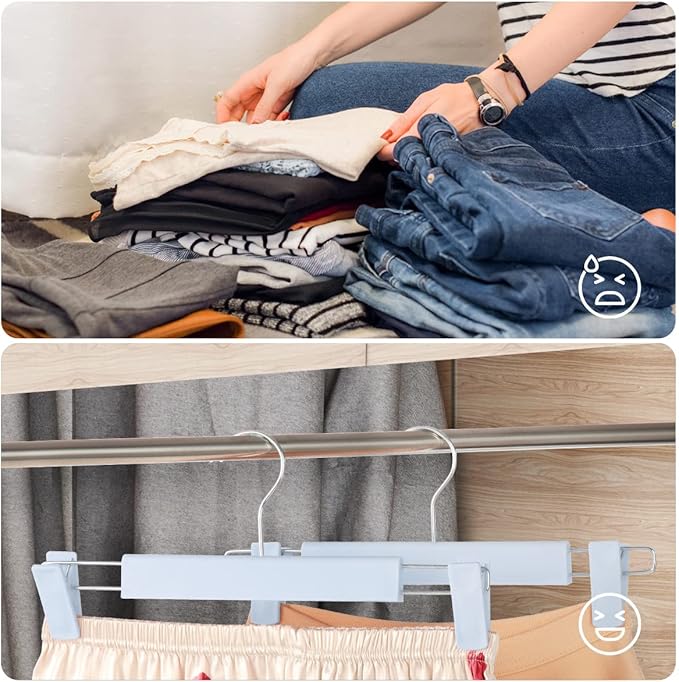 Clothes Pants Hangers, Space-Saving Skirt Holders with 360 ° Swivel Hooks, Adjustable Clips, Trouser Hangers, Clothes Coat Garment Jeans Hangers (20 Pack, Blue)