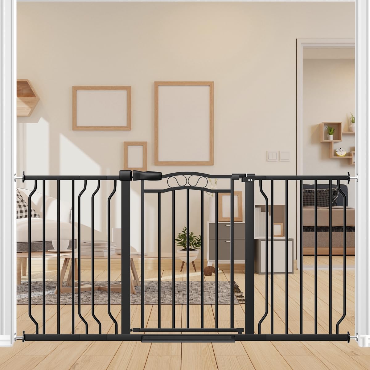 53.1-62.2" Extra Wide Baby Gate for Stairs No Drilling, 30" Tall Auto Close Press Mounted Baby Gate for Doorways, Adjustable Width Walk Through Dog Gates for Doorways, Black