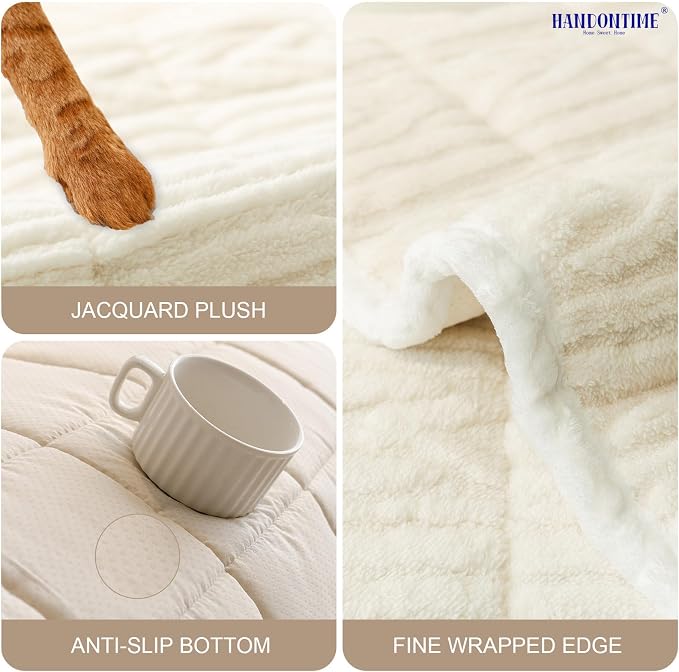 HANDONTIME Jacquard Couch Cushion Cover for Dogs, Beige, 35.4" x 63" | Washable, Fuzzy, Geometric Jacquard, Non-Slip, Pet-Friendly