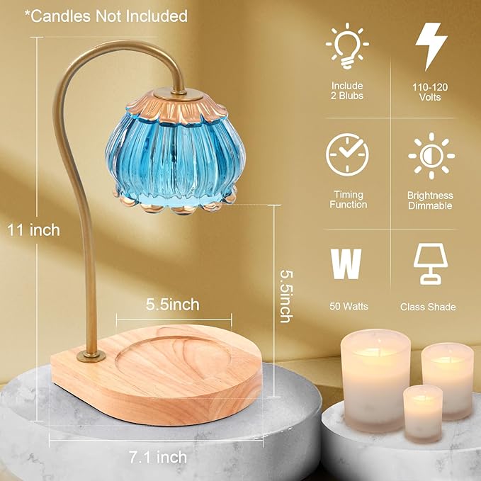 Candle Warmer Lamp with Timer, Dimmable Candle Warmer Lantern Light, Electric Glass Shade Jar Candle Warming Holders for Home Decoration Gift for Women, Bright Blue