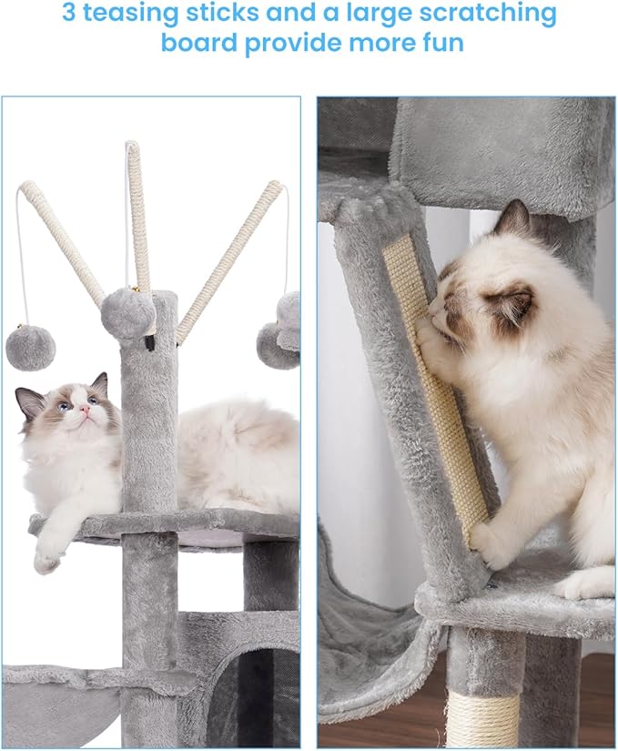 Hey-brother Cat Tree, 53 inch Cat Tower for Indoor Cats, Cat House with Padded Platform Bed, Toy Balls, Large Cozy Condo, Hammocks and Sisal Scratching Posts, Light Gray MPJ019-SW