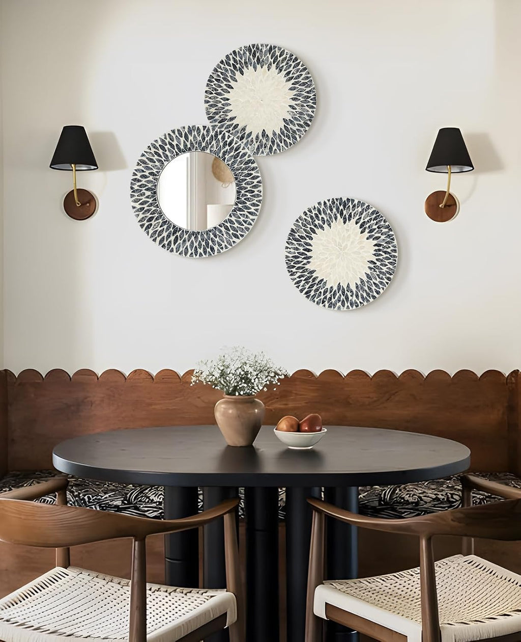 Natural Mother of Pearl Mirror Wall Decor for Bedroom Bathroom, 3PCS Geometric Wall Art Modern Home Office, Handmade Mosaic Art Circle Sculptures for Kitchen Living Dining Room (Black White)