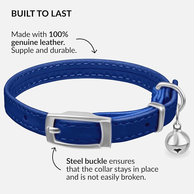 CollarDirect Leather Cat Collar with Bell - Kitten Collar, Small and Big Cat Collar for Boy Cats, Girl Cats with Safety Elastic Strap (Neck Fit 6"-7", Navy Blue)