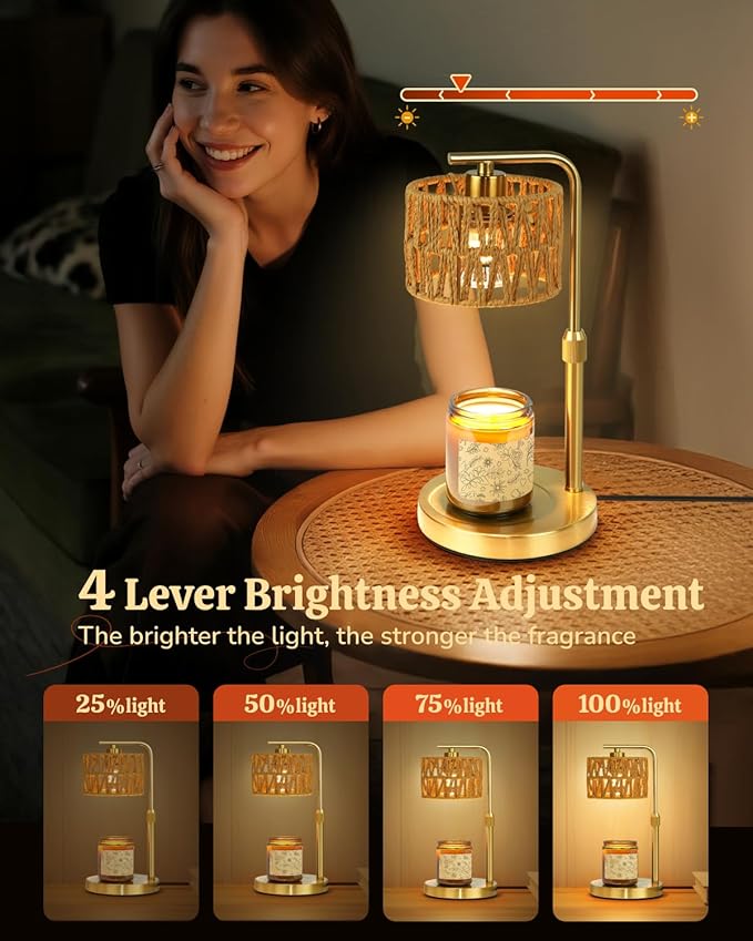 Candle Warmer Lamp with Timer, Dimmable Candle Warmer for Jar Candles, Height Adjustable Candle Lamp Warmer, Boho Rattan Lampshade and 2 Bulbs, Gift for Home Room Decor, Gifts for Women Mom (Gold)