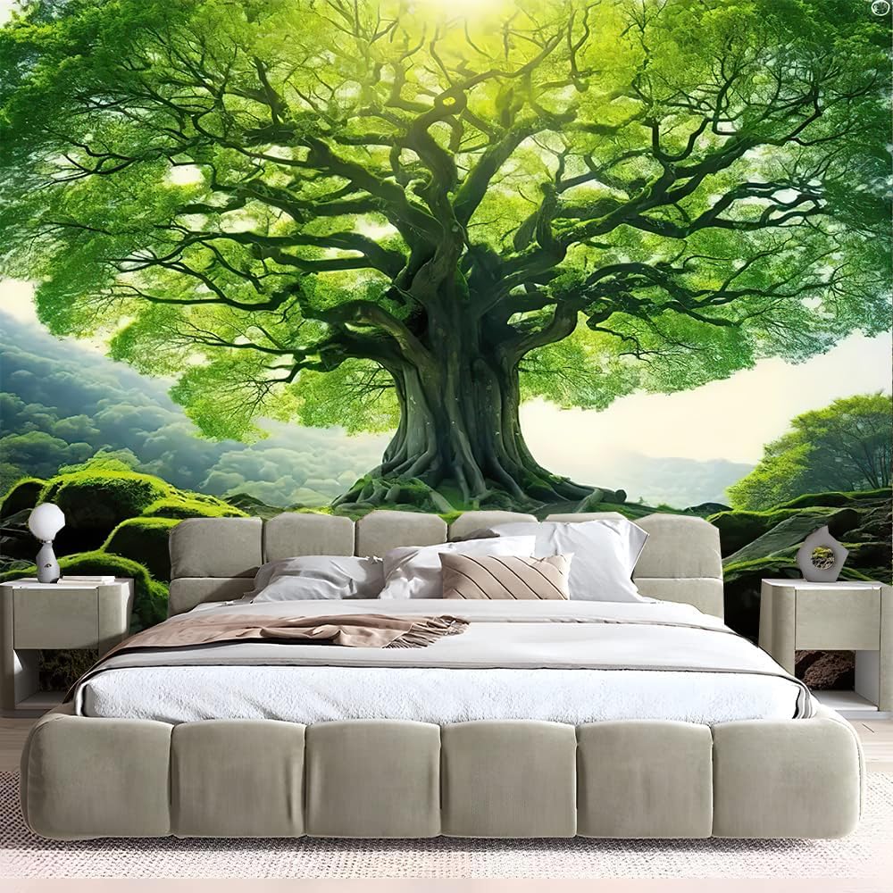 FENDROM Nature Green Big Tree Wall Tapestry Landscape Forest Mountains Sunshine Through Tree of life 3D Print Wall Art for Bedroom Living Room Dorm Decor