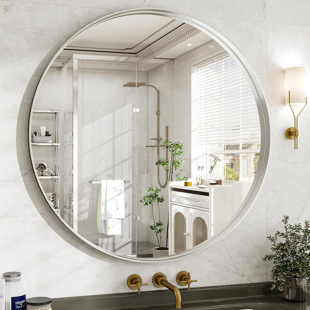 36 Inch Round Bathroom Mirror - Wall Mounted Circle Mirror with Metal Frame, Modern Mirror Suitable for Bathroom, Vanity, Entryway, Living Room, Wall Decor,Silver