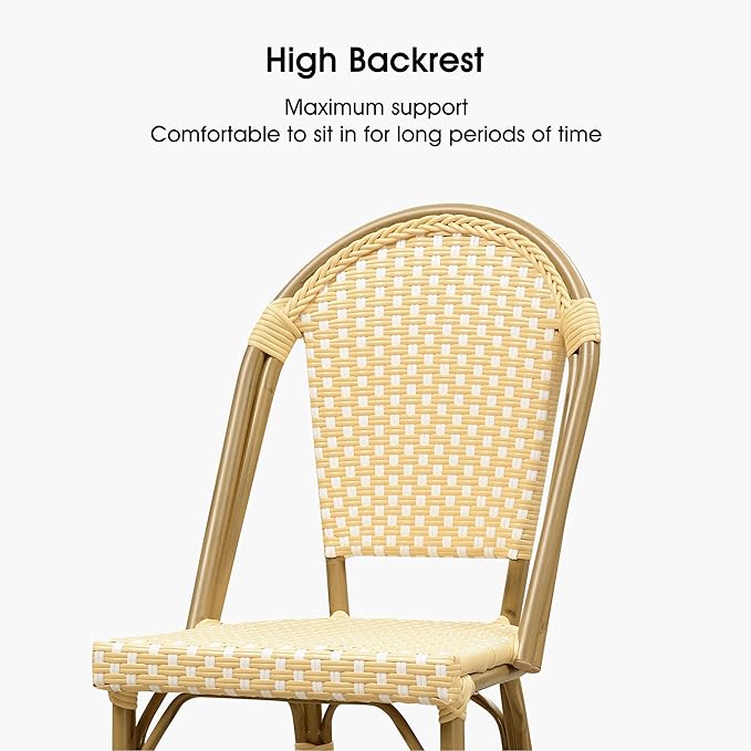 PURPLE LEAF French Bar Stool Set of 2 Bamboo Print Finish Patio Bar Stools with Back Rattan Bar Chairs Wicker Bar Height Stool 30" with Footrest Kitchen Island Stools Outdoor Barstool Cream Yellow