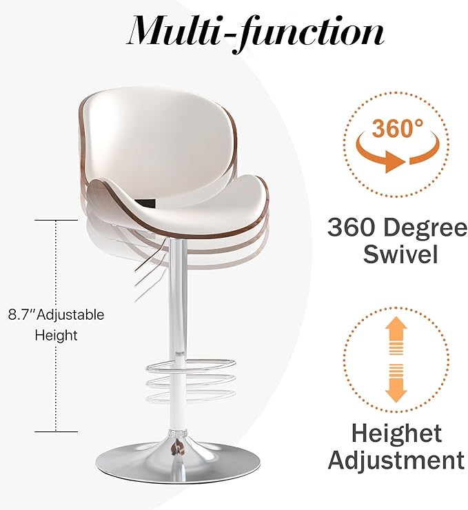 Adjustable Swivel Bar Stools Set of 2, Modern Bentwood Barstool with Large Metal Base and Footrest, PU Leather Upholstered Bar Chair with Curved Back for Kitchen Island Dining Room, White