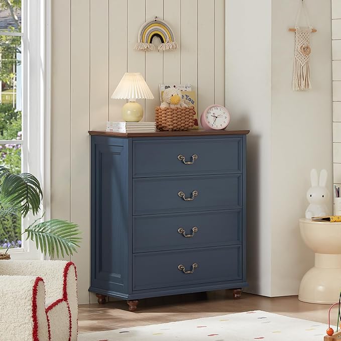 24" Wide Farmhouse Nightstand with Charging Station Set of 2,54" 7 Drawers Dresser, 37" Tall Rustic Chests of Drawers, Farmhouse Furniture Series for Bedroom,DarkBlue