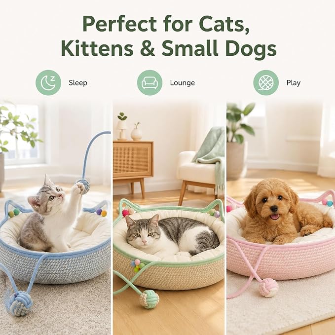 Handwoven Cotton Rope Cat Basket Bed with Hanging Ball Toy (Green, Large) | cat bed, woven cat basket, kitten bed, small dog bed, cat toy ball, all season pet bed, washable cat cushion