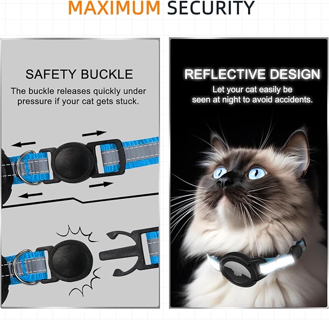 Airtag Cat Collar Breakaway, Odokele Reflective Cats Collars with Apple Air Tag Holder for Kitten, Cat GPS Tracker Adjustable Collars with Safety Quick Release Buckle for Kitties and Puppies - Blue