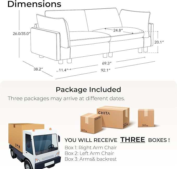 CHITA 92" Super Large Sectional Couches for Living Room, Modular Cloud Couch Sectional Sofa, Premium Genuine Leather Sofa, Down Filled, High Density Foam, Real Leather in Saddle, 2 Seater Loveseat
