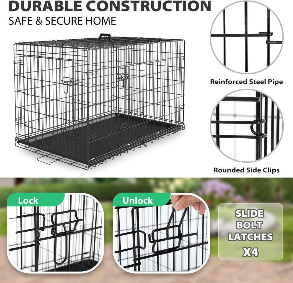 BestPet | Dog Crate | 24" | Black | Foldable Metal Kennel with Double Doors, Secure Slide-Bolt Latches, Leakproof Tray | Portable Dog Cage for Small Breeds | for Travel, Indoor & Outdoor Use