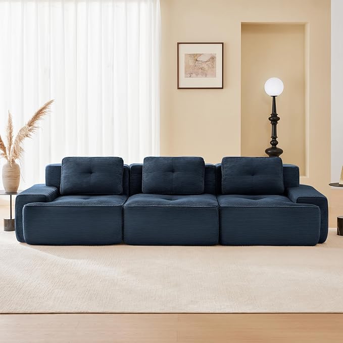 115" Modern Corduroy Cloud Sofa, Boneless Modular Large Sectional Couches for Living Room, Blue 3 Seater Compressed Memory Foam Couch, Extra Deep Seat, No Assembly