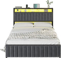 Queen Bed Frame with LED Light and Charging Station, Velvet Upholstered Headboard with Storage Shelf, Heavy Duty Metal Slats/No Box Spring Needed/Easy Assembly, Grey