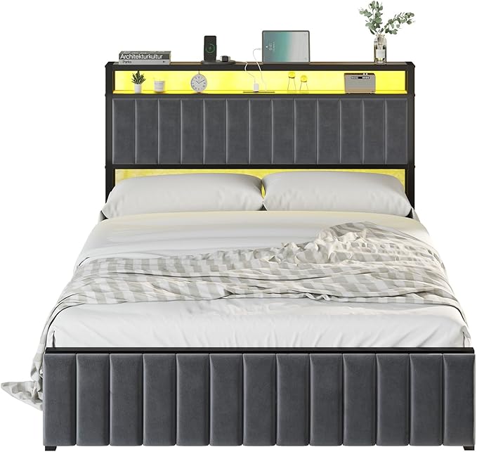 Queen Bed Frame with LED Light and Charging Station, Velvet Upholstered Headboard with Storage Shelf, Heavy Duty Metal Slats/No Box Spring Needed/Easy Assembly, Grey