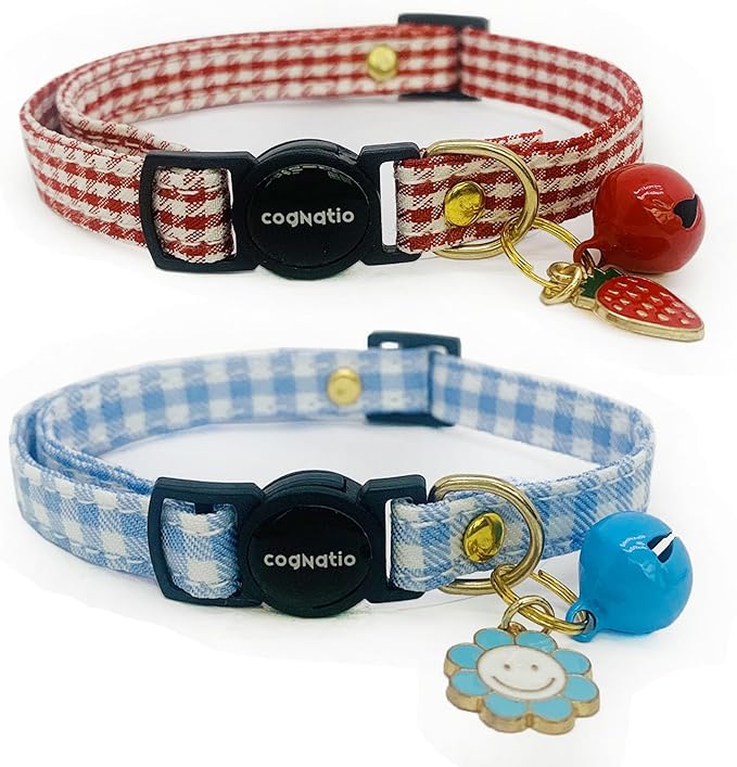 2 Pack Cotton Breakaway cat Collars with Bell,Safety Quick Release Pendant Cute Kitten Collar,Adjustable 20-30cm (Red+Vista Blue, 20-30cm)