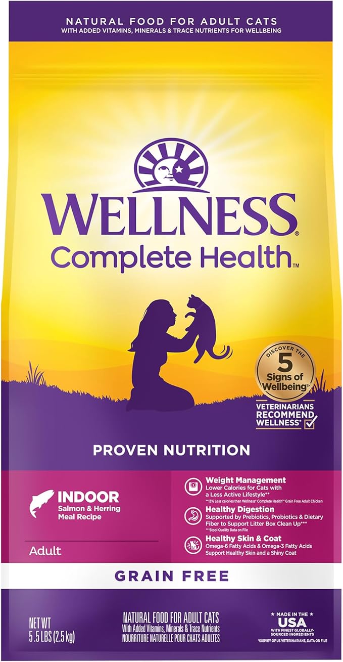 Wellness Complete Health Adult Dry Cat Food for Indoor Cats, Grain Free, Natural, Salmon and Herring Meal (5.5 Pound Bag)