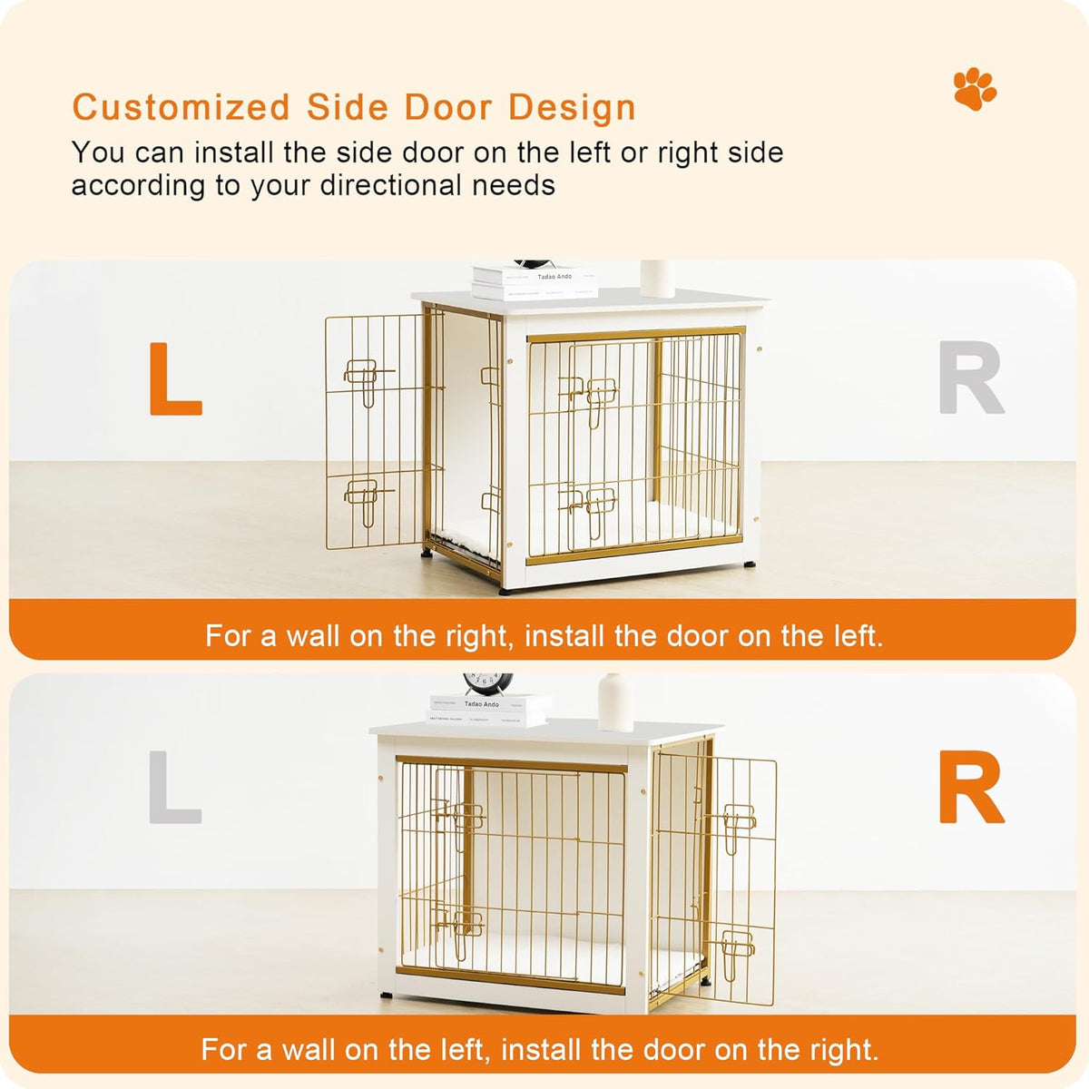 DWANTON Dog Crate Furniture with Cushion, Wooden Kennel Table with Double Doors, Indoor Dog House, Large Size, 38.5" L, White