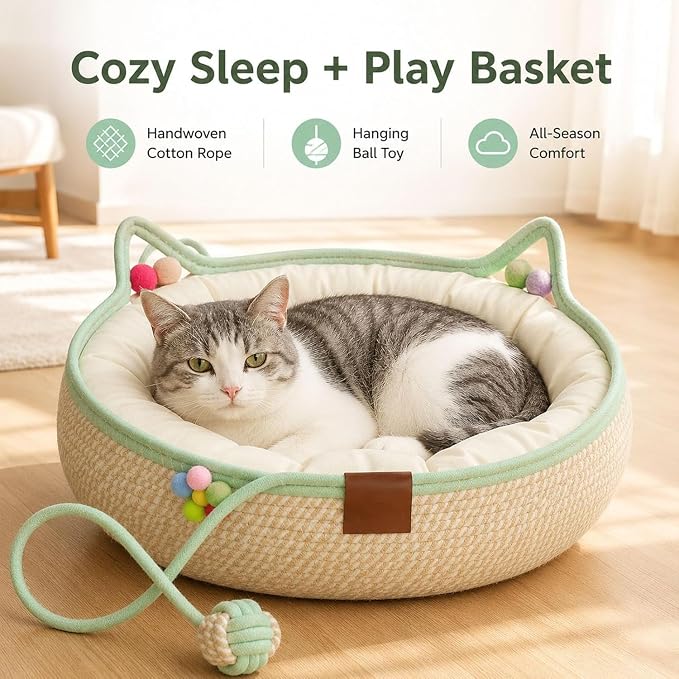 Handwoven Cotton Rope Cat Basket Bed with Hanging Ball Toy (Pink, Medium) | cat bed, woven cat basket, kitten bed, small dog bed, cat toy ball, all season pet bed, washable cat cushion