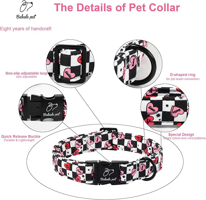 Valentines Dog Collar for Large Dogs - Unique Black White Plaid Girl Boy Valentine Heart Dog Collars, Adjustable Heavy Duty Pet Collar with Metal Buckle L
