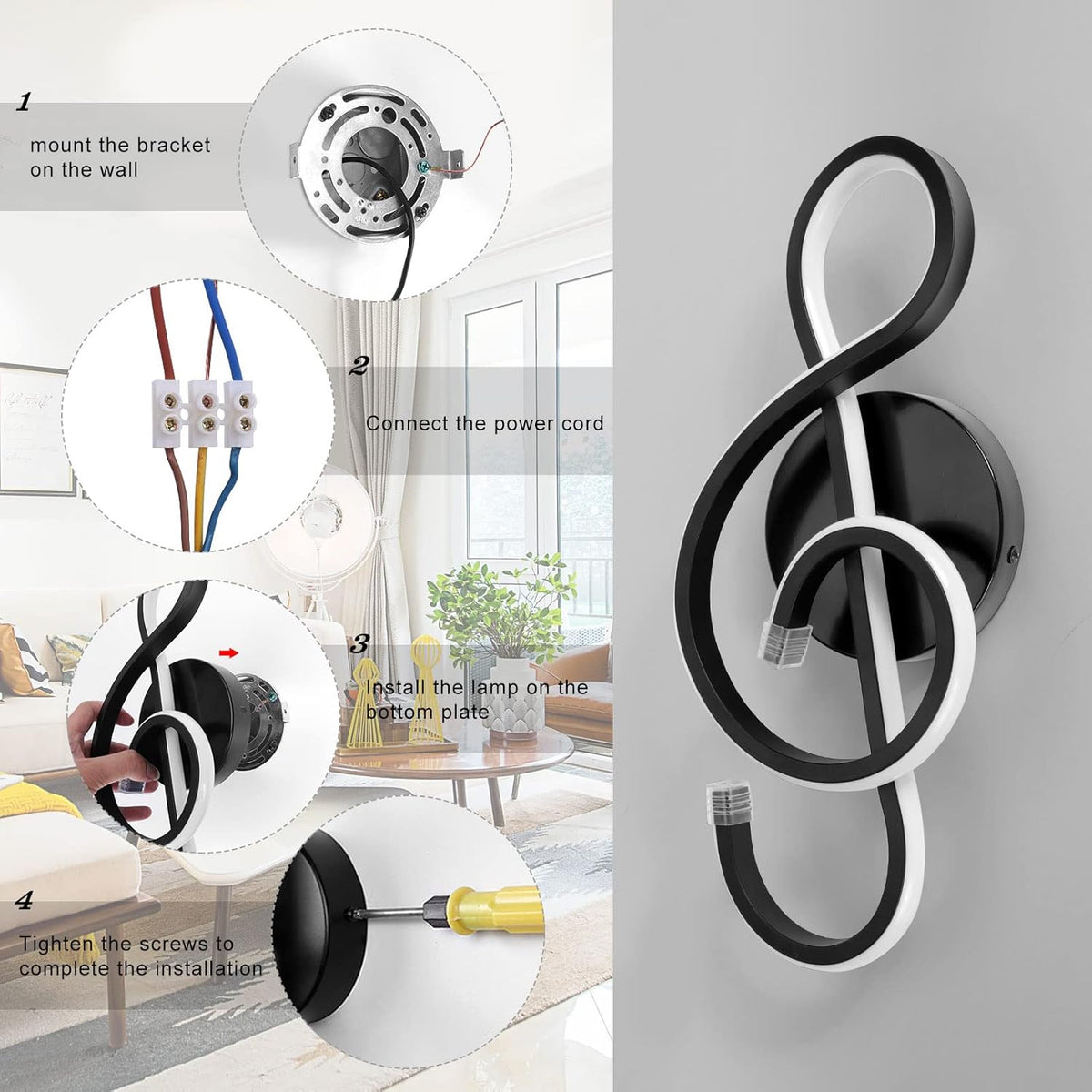XEYOU 22W Modern Wall Sconce Lighting Indoor LED Creative Wall Light Fixture Music Symbol Art Decoration Wall Lamp for Living Room Bedroom Stair Corridor, Black 3000K