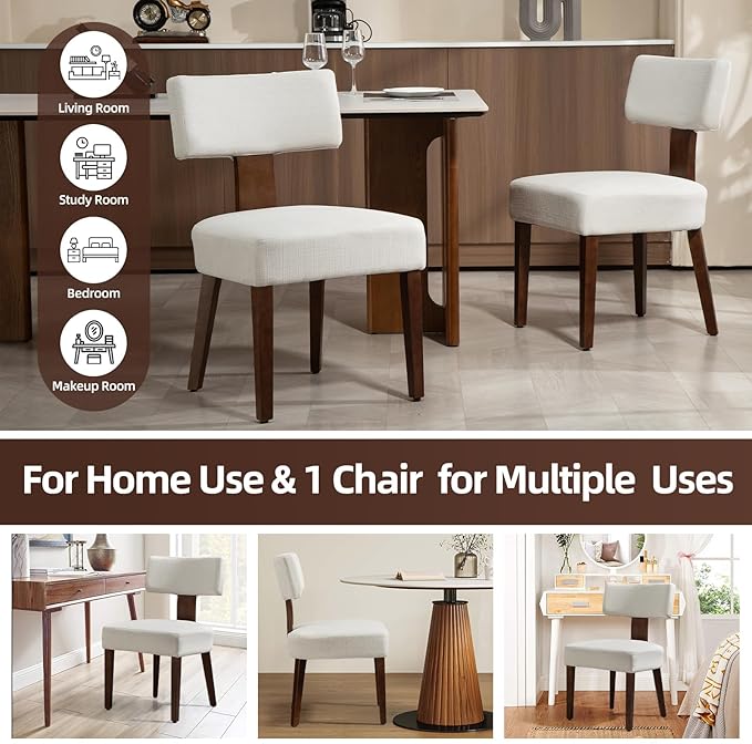 Dining Chairs Set of 4, Fabric Upholstered Wood Kitchen Chairs, Armless Linen Curved Backrest Accent Chair Farmhouse Modern Dining Chairs with Foot Pad for Kitchen/Living Room/Restaurant/Cafe-Beige