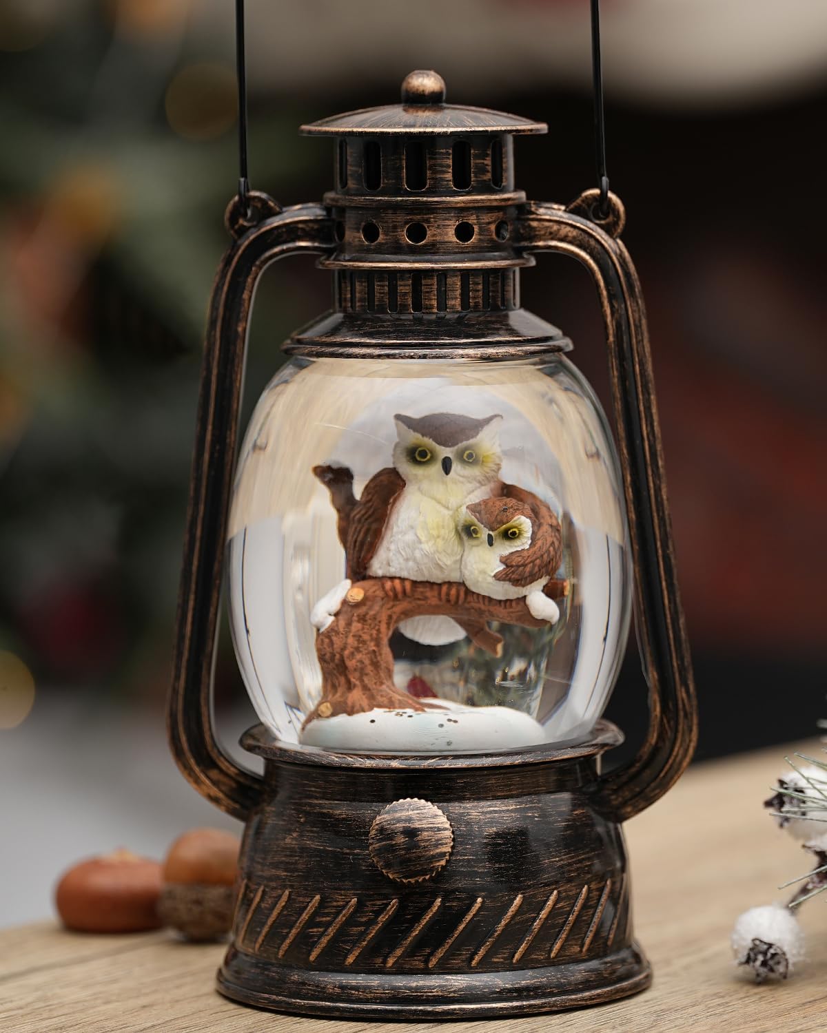 Snow Globe Christmas Decorations - Musical Christmas Snow Globes with 6H Timer,Owls Family Scene Snow Globes Lantern USB or Battery Powered,Christmas Decorations Decor for Home