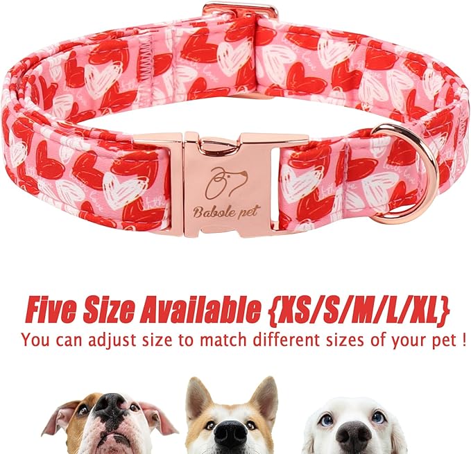 Valentines Dog Collar, Cute Pink Valentine Dog Collars, Doodle Heart Pattern, Adjustable Heavy Duty Pet Collar for Small Medium Large Dogs with Metal Buckle XS