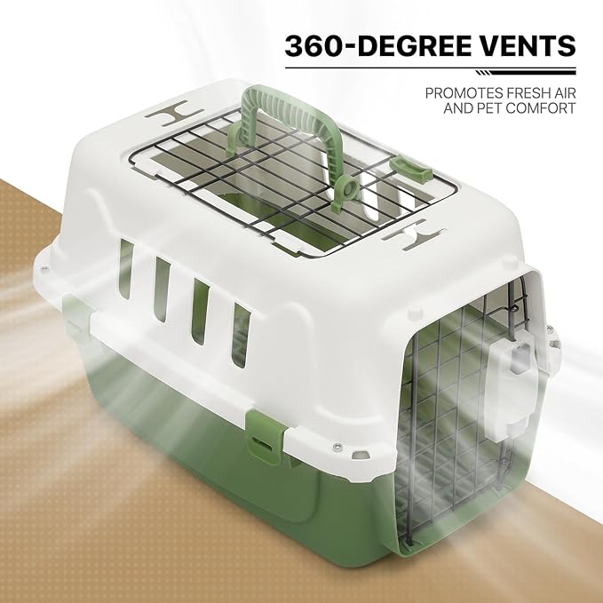 MoNiBloom 18-Inch 2-Door Top Loading Cat Carrier, Plastic Dog Crate Hard-Sided Dog Travel Carrier for Small Dogs and Cats, Ventilation and Security Lock Design for Pets up to 10 lbs (Green)