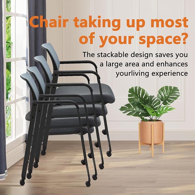 CLATINA Mesh Back Stacking Arm Chairs with Upholstered Fabric Seat and Ergonomic Lumbar Support for Office School Church Guest Reception (WithWheels Gray- 4 Pack)