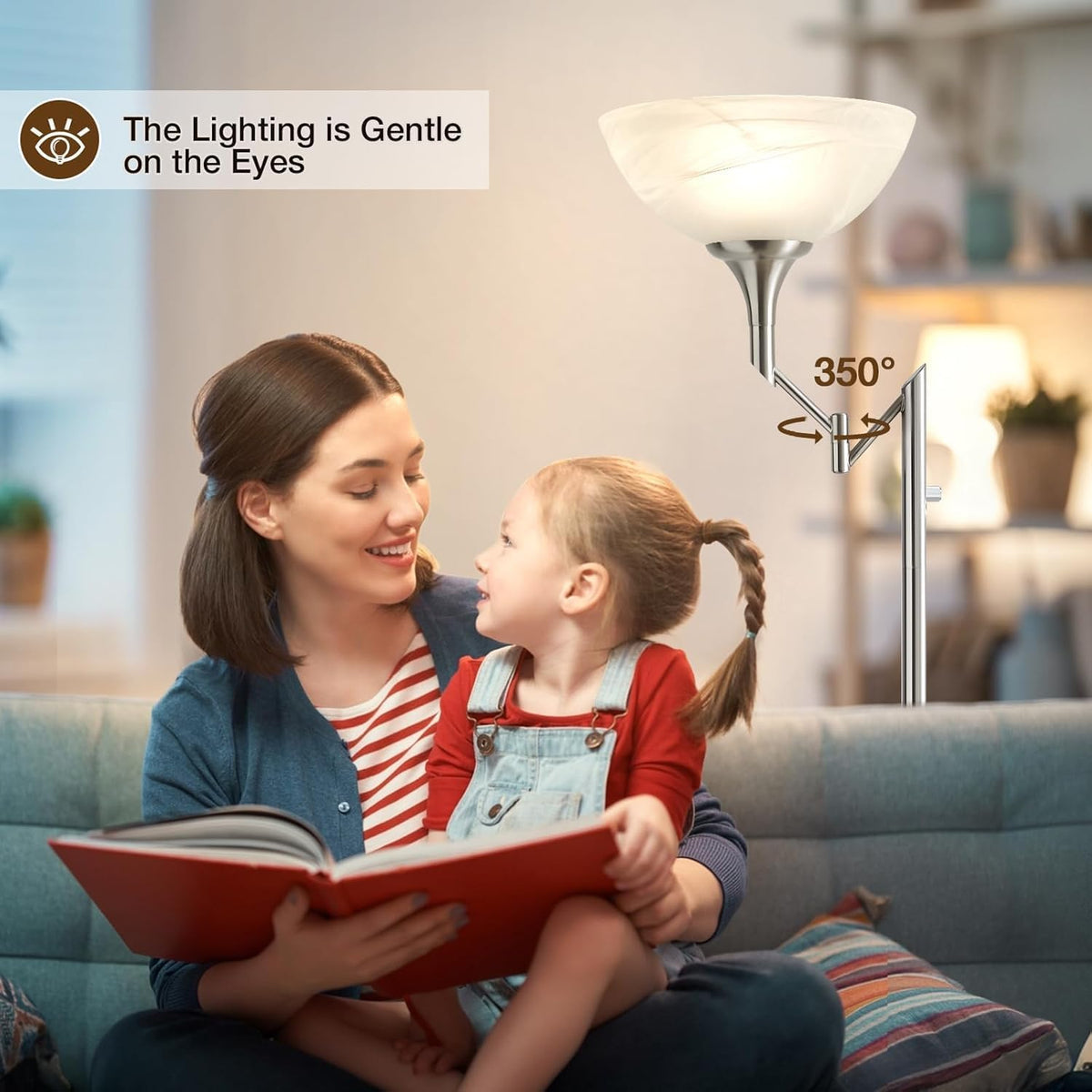Floor Lamps for Living Room Silver, 70" Tall Standing Lamp with Glass Shade, Bedroom Floor Lamp with 350°Adjustable Swing Arm Lamp, Pole lamp for Bedroom, Living Room, Office, Bulbs Included