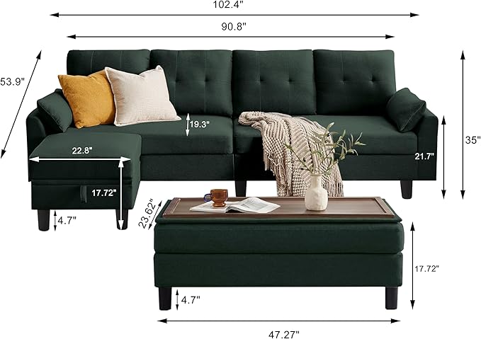 102" L-Shape Sofa Couch, Couch with Ottoman Coffee Table, 4 Seat Modern Sofa with Removable Cover for Apartment and Living Room, Green