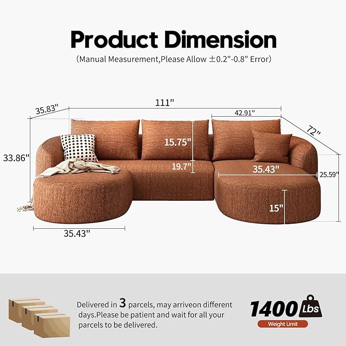 111" Modular Sectional Couches Luxury Modern Curved Back U-Shape Sofa Set with Ottoman,Minimalist Comfy Boneless Cloud Couch for Living Room Apartment,(Right Facing Chaise,Orange)