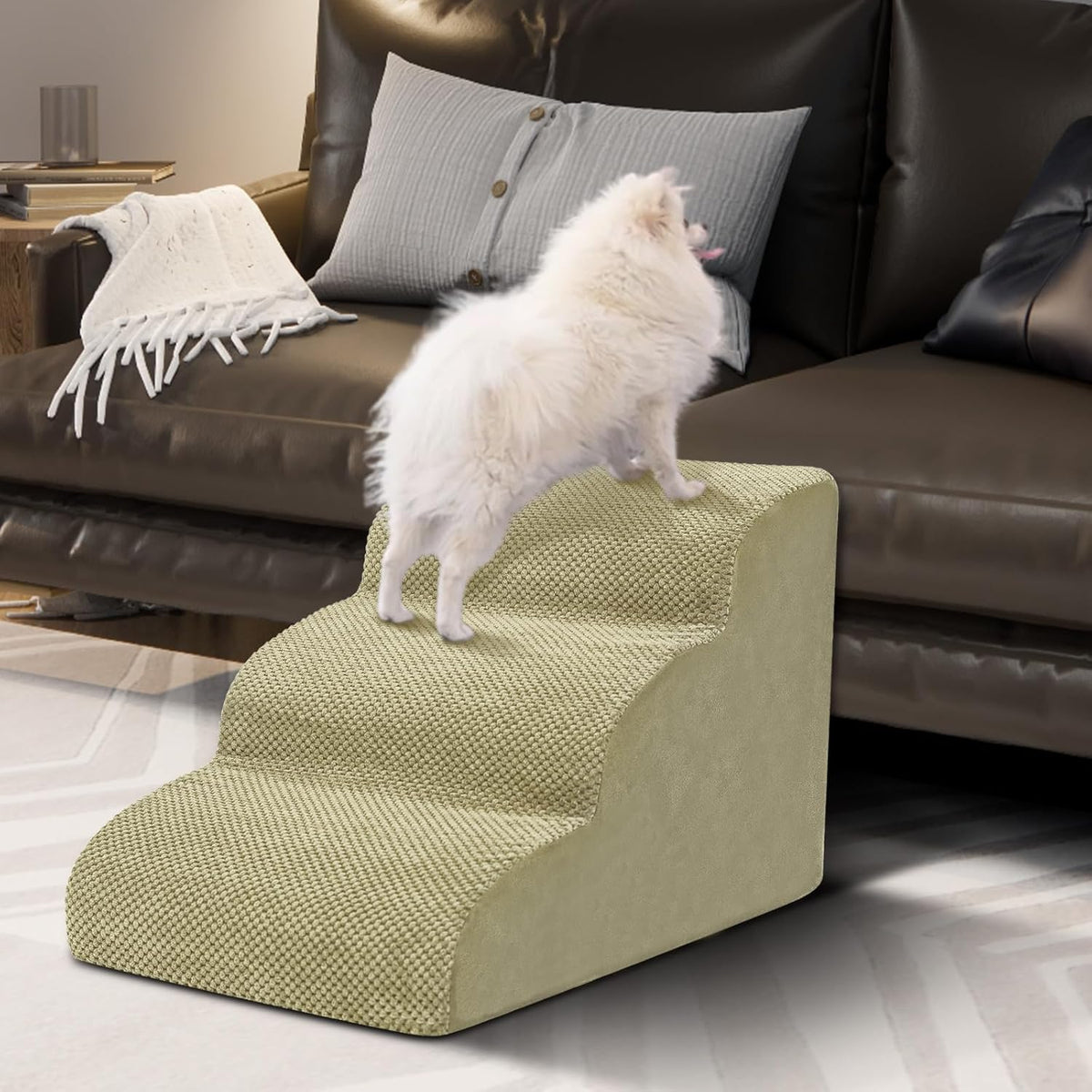 Dog Stairs for Small Dogs - High Density Foam Pet Steps, Extra Wide Dog Ramp with Non-Slip Bottom for High Beds, Couch and Sofa, Best for Dogs Injured, Older Doggy Cats,3 Steps, Camel