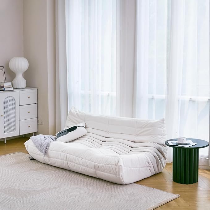 N&V Fireside Chair, Mid Century Armless Floor Sofa, Soft Premium Microfiber Floor Lounge Chair, Foam Sofa Accent Chair for Living Room Bedroom and Office (Ivory, Three Seater)