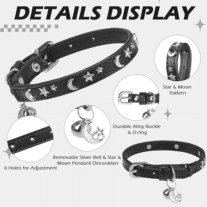 EXPAWLORER Halloween Leather Cat Collar - Adjustable Pet Collar with Rivet Spike for Girl Boy Cats, Punk Accessories with Bell & Durable D-Ring, Star & Moon
