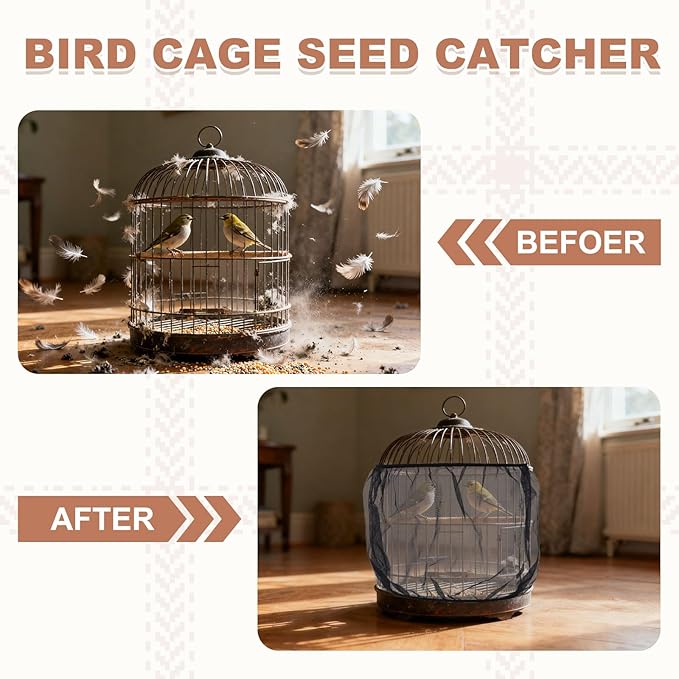 Bird Cage Seed Catcher, Bird Cage Net Cover Seeds Guard, Universal Birdcage Accessories, White, Circumference 43.3"-59.1", Height 15.7" for Parrot Cockatiel Enclosures