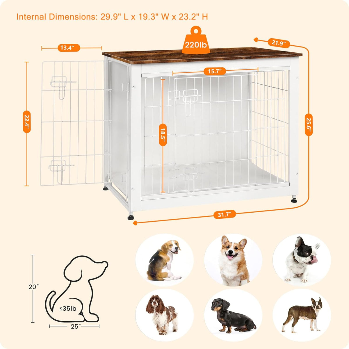 DWANTON Dog Crate Furniture with Cushion, Wooden Kennel Table with Double Doors, Indoor Dog House, Medium Size, 32.5" L, White+Rustic Brown
