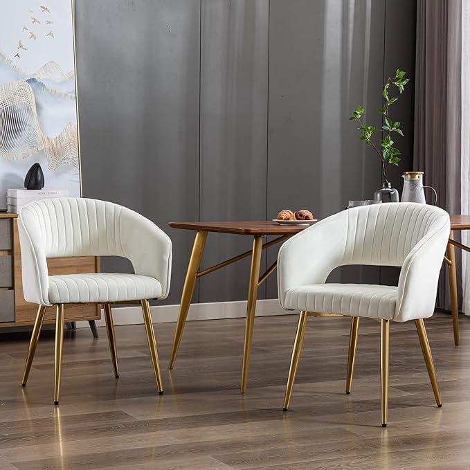 Modern Velvet Dining Chairs Set of 8, Upholstered Gold Dining Room Chairs with Hollow Back, Accent Armrest Kitchen Chairs with Gold Legs for Living Room Reception Beige