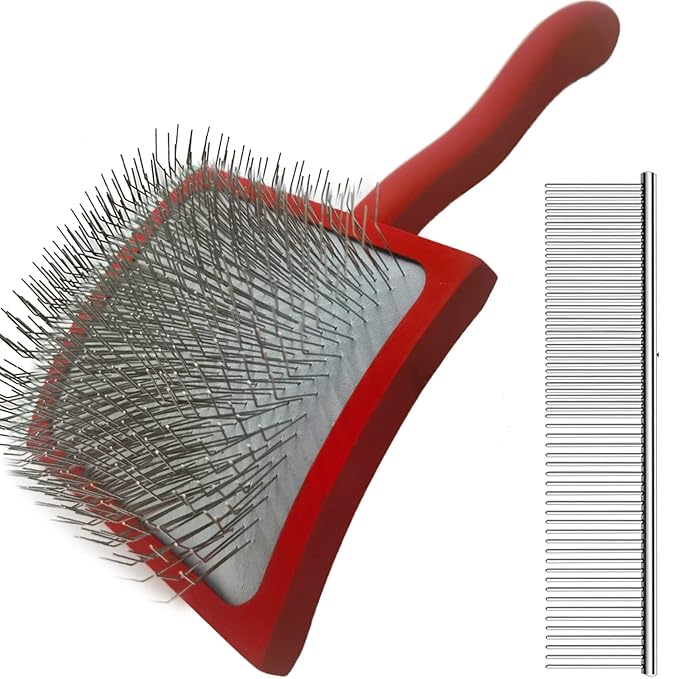 Large Ergonomic Slicker Brush for Dogs & Pets - Extra Long Pin Grooming Brush with Solid Wooden Handle for Poodles, Doodles, and Long-Haired Dogs (red)