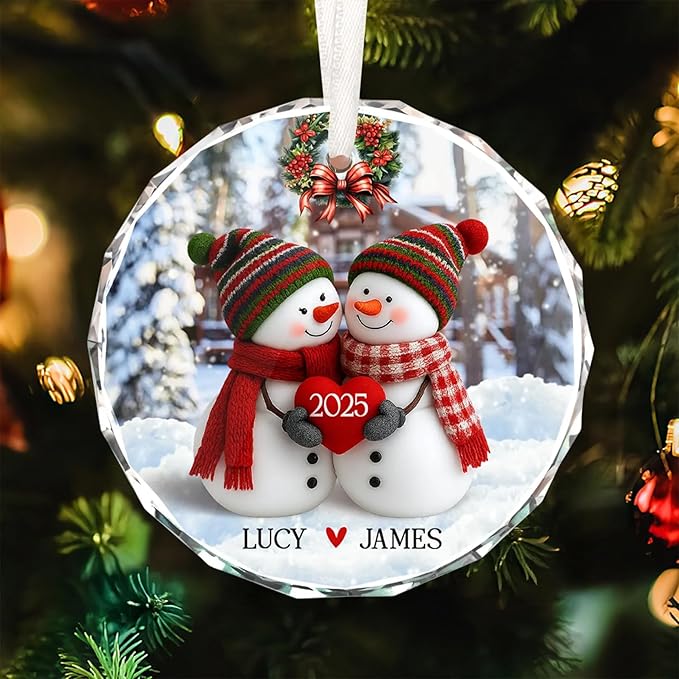 NAZENTI Personalized Snowman Couple Ornament 2025, Custom Glass Christmas Ornaments with Names, Snowman Lovers Holiday Decoration, Romantic Gift for Couples Newlyweds Keepsake 02