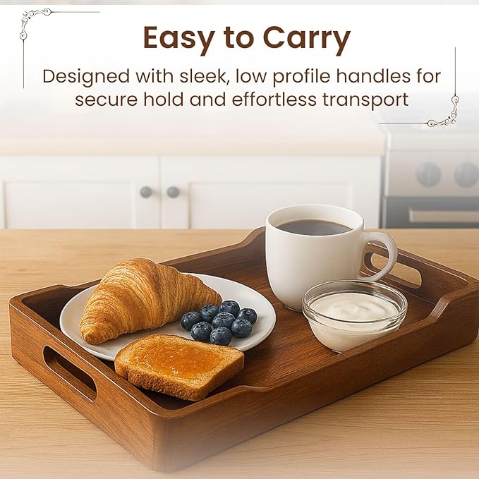 Acacia Wood Serving Tray with Handles, 18x13in Food Drinks Tray for Coffee Table, Breakfast, Dinner & Bar, Rustic Decorative Storage Tray for Ottoman, Kitchen, House Warming Gifts New Home