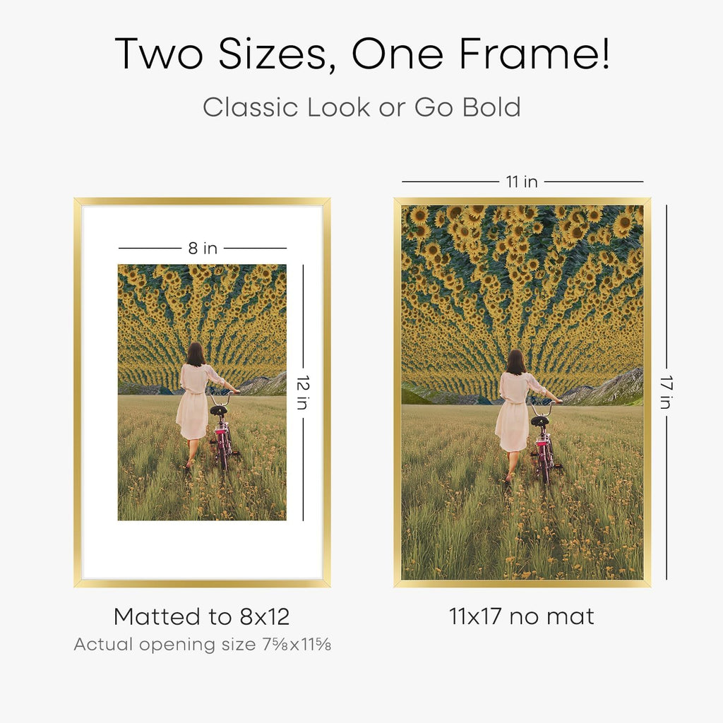 Homeforia 11x17 Picture Frame Gold, High End Metal 11x17 Poster Frames with Mat 8x12 for Photo, 11 x 17 Gold Frame Matted to 8 by 12 Print, 17x11 Thin Hanging Frame, Tempered Glass, Wall Kit, Set of 1
