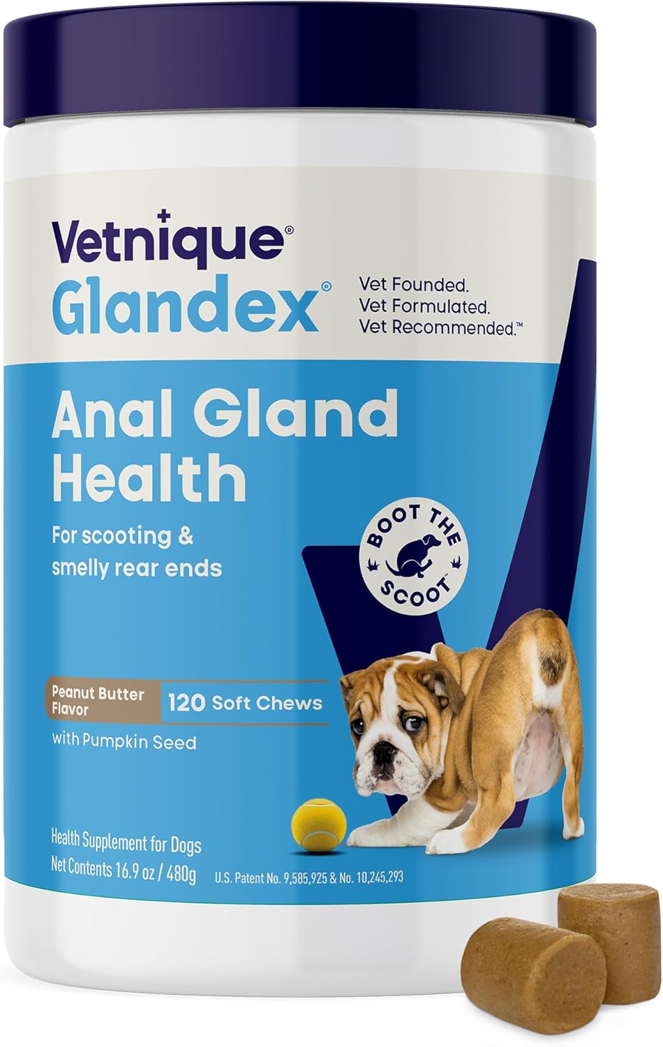 Vetnique Glandex Anal Gland Soft Chew Treats with Pumpkin for Dogs Digestive Enzymes, Probiotics Fiber Supplement for Dogs Boot The Scoot (Peanut Butter Chews, 120 Count)