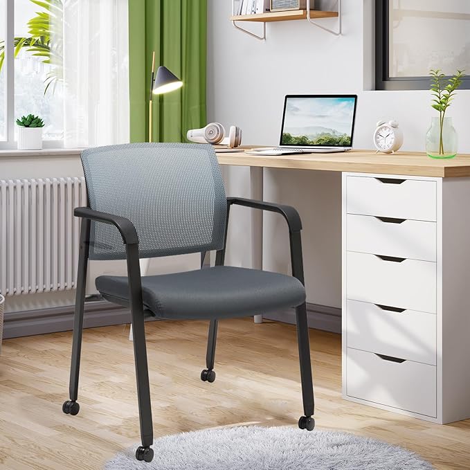CLATINA Grey Waiting Room Chair with Wheels Mesh Back Stacking Arm Chairs with Upholstered Fabric Seat and Ergonomic Lumbar Support for Office School Church Guest Reception