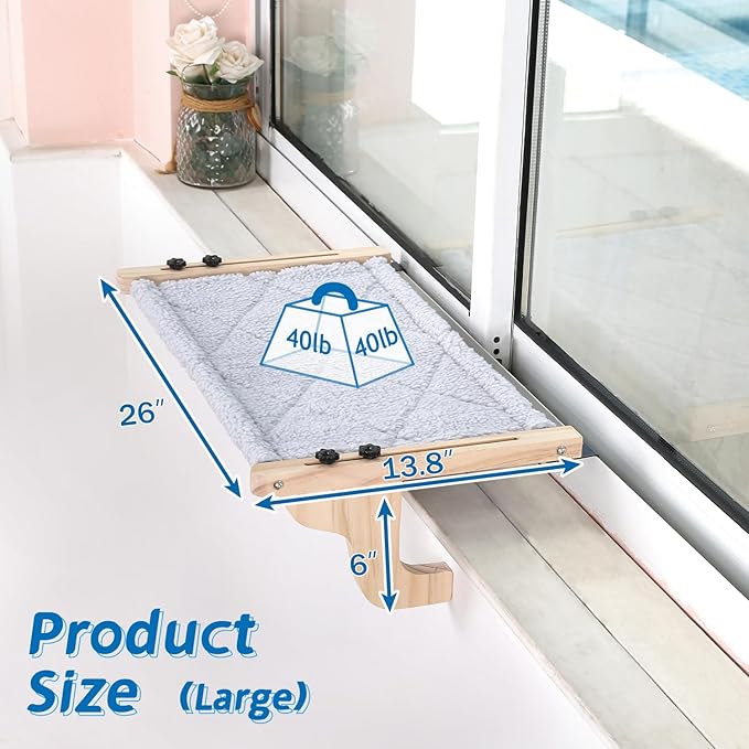 Zakkart Easy Seat Cat Perch for Window Sill - Hammock Design w/Pine Wood & Robust Metal Frame - Cat Window Seat for Large Cats and Kittens (Natural Color Wood w/Gray Bed, Large (26''W x 14''D))