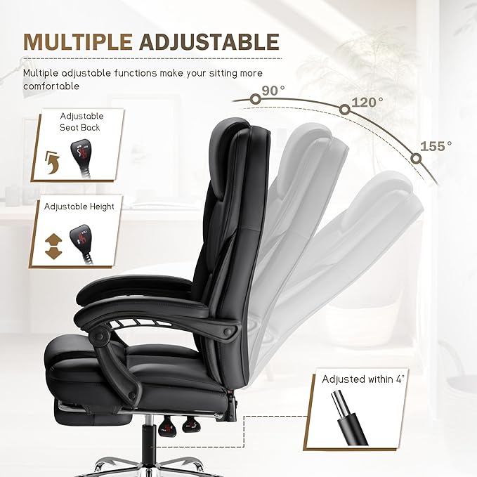 Furmax Executive Office Chair with Foot Rest Big and Tall Office Chair Ergonomic Home Office Desk Chairs Reclining High Back Leather Chair with Lumbar Support, 400LBS (Black)